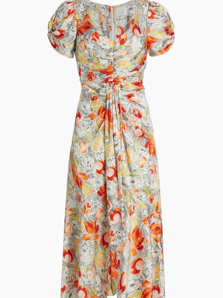 Cinq A Sept Ximena Draped Floral Puff-Sleeve V-Neck Midi Dress